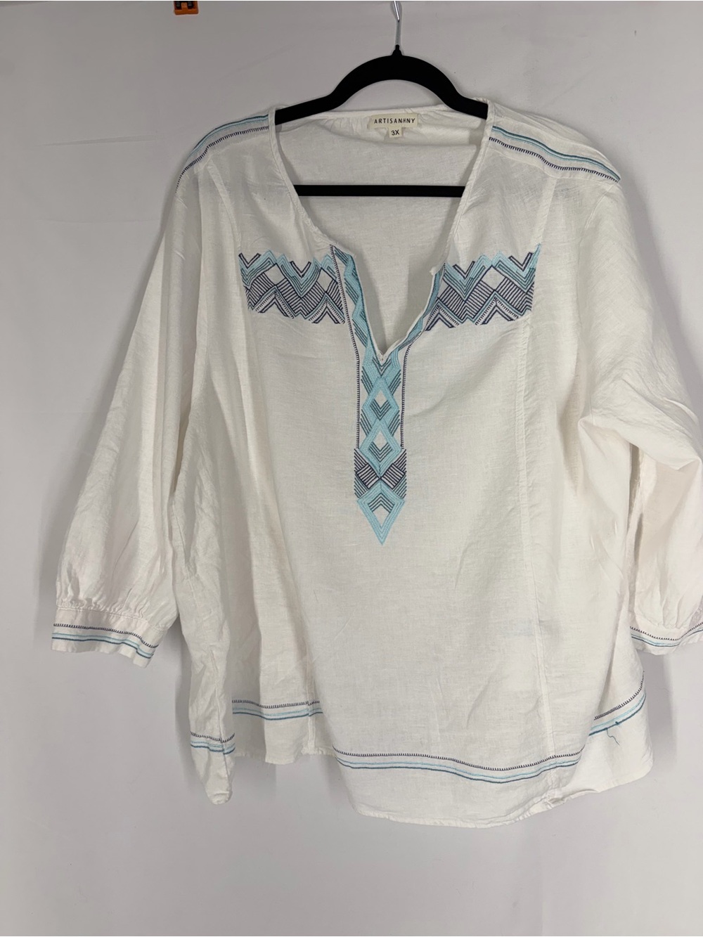 Artisan White Tunic with Aqua and Gray Geometric Embroidery